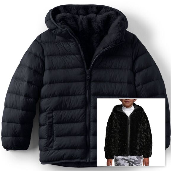 Land's End Unisex Kids Jacket Reversible Insulated Fleece Puffer Hood Sz L 10-12 - Picture 1 of 16